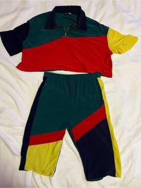 Fashion Nova Colorblock Zip Polo Crop Top & Matching Bike Shorts Set